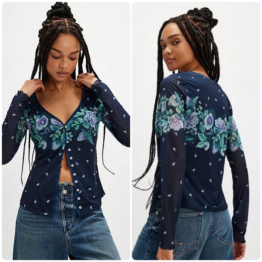 NEW Size Medium Free People Home Grown Navy Blue Combo Floral Mesh Cardigan Top
